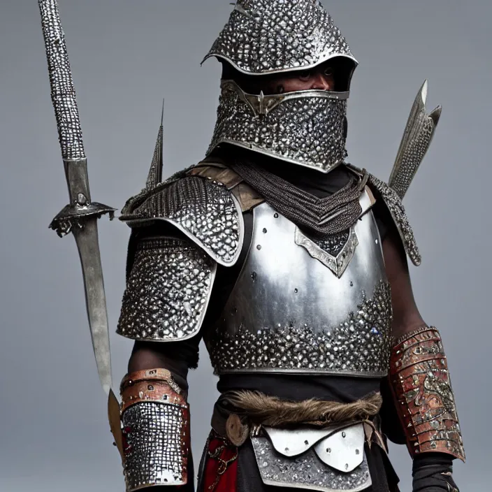 Prompt: full length photograph of a real-life warrior with sapphire encrusted intricate armour. Extremely detailed. 8k