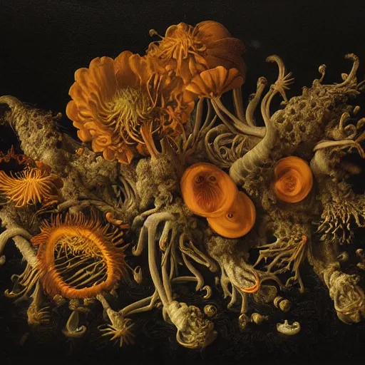 Prompt: disgusting disturbing dutch golden age bizarre mutant flower floral still life with many human toes very detailed fungus disturbing tendrils bizarre slimy forms sprouting up everywhere by rachel ruysch black background chiaroscuro dramatic lighting perfect composition high definition 8 k 1 0 8 0 p