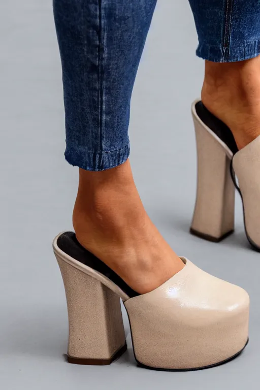 Image similar to close up of huge chunky platform mules worn by a slightly oversized girl, studio light