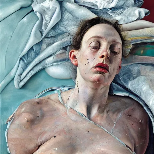 Image similar to high quality high detail painting by lucian freud and jenny saville, hd, hyper diemensional, turquoise