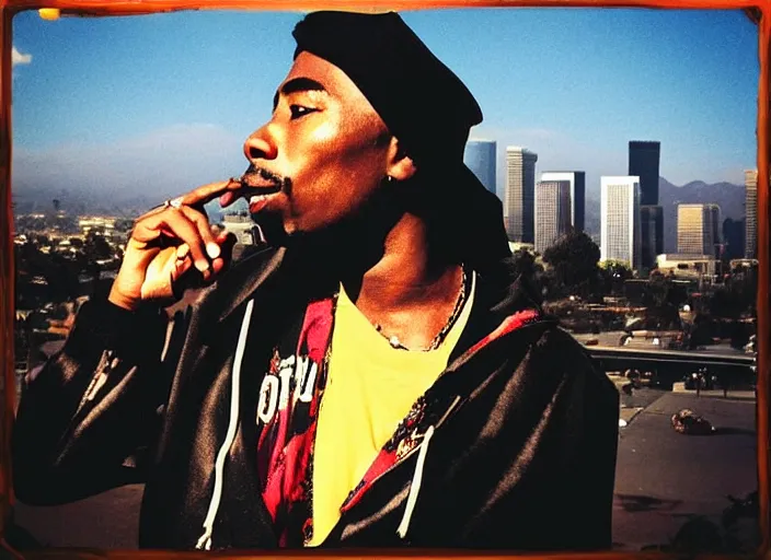 Image similar to “2Pac Happily smoking, Los Angeles background”