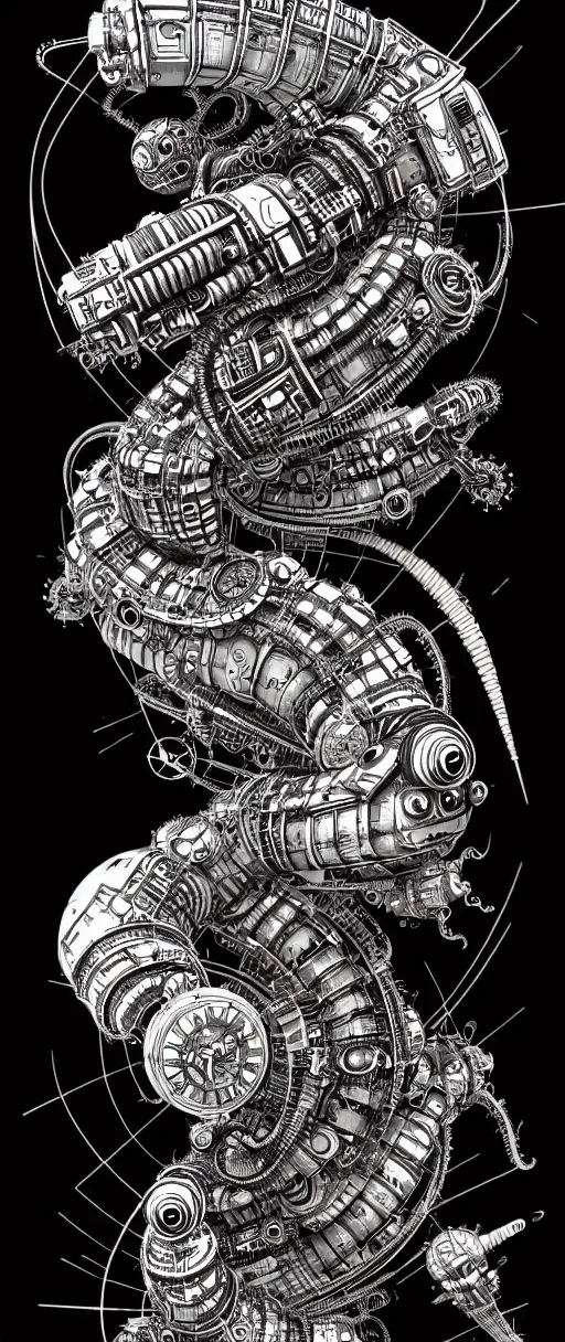 Prompt: cyberpunk steampunk caterpillar, high details, lineart, by vincent di fate and joe fenton, inking, screen print, masterpiece, trending on artstation, sharp, high contrast, hyper - detailed,, hd, 4 k, 8 k