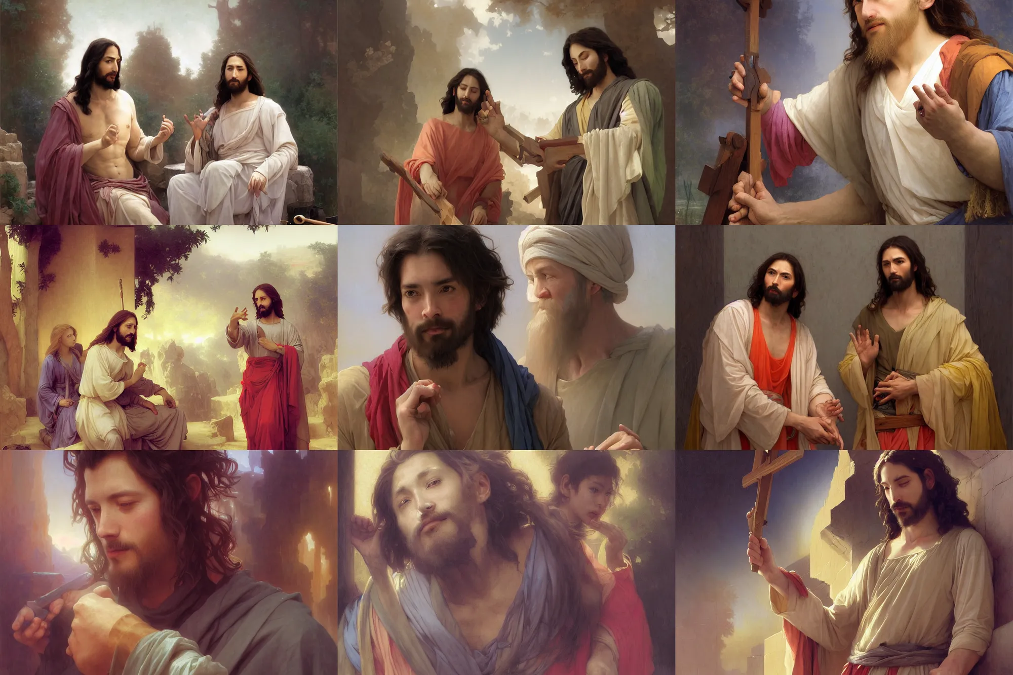 Prompt: Vibrant depiction of Jesus as a Carpenter illustration by Ruan Jia and Mandy Jurgens and William-Adolphe Bouguereau, Artgerm, 4k, digital art, surreal, space dandy style, highly detailed, godsend, artstation, digital painting, concept art, smooth, sharp focus, illustration by Ruan Jia and Mandy Jurgens and William-Adolphe Bouguereau