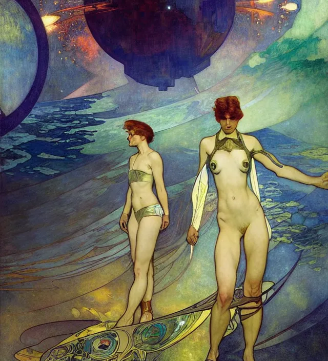 Image similar to spaceship war in the ocean planet, solarpunk style,, by egon shiele and alphonse mucha, with influence of jeremy mann, peter lindbergh, dave mckean, maurice sapiro, and frank moth, soft lightning, highly detailed, 8 k