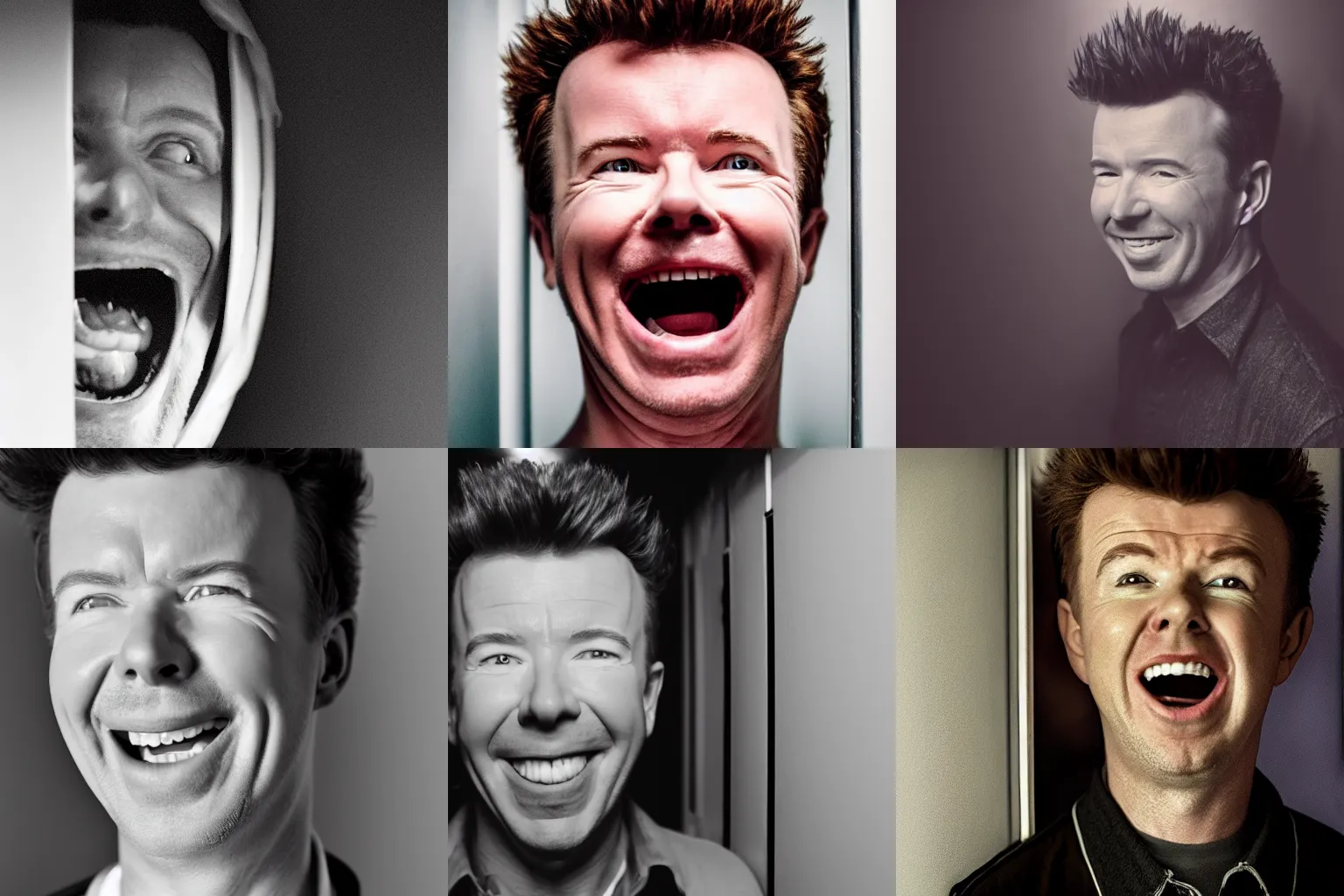 Prompt: a still from a horror film of a creepy Rick Astley smiling inside a closet in a dark room, highly detailed face, 8k