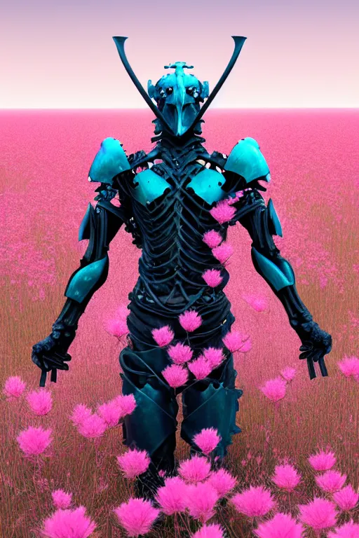 Image similar to hyperrealistic neo - gothic muscular human chimera hybrid, exoskeleton armor, holding katana, standing in a field of pink flowers, highly detailed smooth concept art masterpiece, vitaly bulgarov giger dramatic dark teal light, ground angle hd 8 k, sharp focus