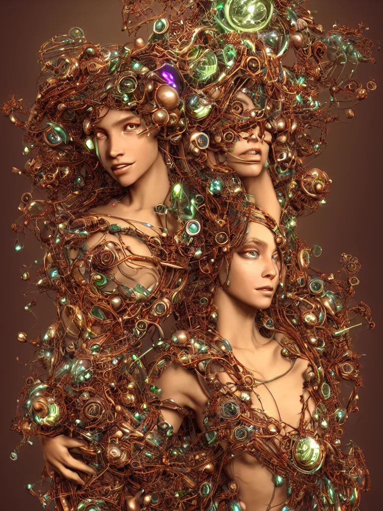 Prompt: a centered beautiful goddesses is surounded by intertwining bio - mech tendrils made of machine and robot parts and gemstones and leaves and feathers, full body, gorgeous face, perfect face, powerful, by justin gerard and james jean, 3 d, cinema 4 d render, trending on artstation, octane render, 8 k