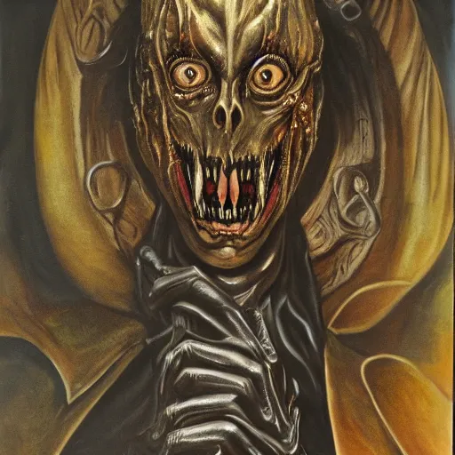 Prompt: painting of Tim Curry in the style of giger, 8k high definition high quality