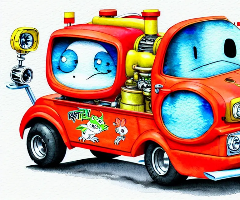 Prompt: cute and funny, beaver driving a tiny hot rod fire truck with an oversized engine, ratfink style by ed roth, centered award winning watercolor pen illustration, isometric illustration by chihiro iwasaki, edited by craola, tiny details by artgerm and watercolor girl, symmetrically isometrically centered