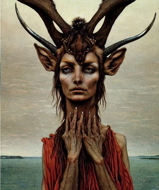 Image similar to A detailed horned antelopewoman stands by the sea. Wearing a ripped mantle, robe, many rings on the hands. Hooves, perfect faces, symmetrical, extremely high details, realistic, fantasy art, solo, masterpiece, art by Zdzisław Beksiński, Arthur Rackham, Dariusz Zawadzki