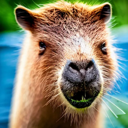 Prompt: cute capybara eating a neon nvidia gpu, chewing on a video card, cooling fans, soft blue lights, wildlife photography, bokeh, sharp focus, 3 5 mm, taken by sony a 7 r, 4 k, award winning