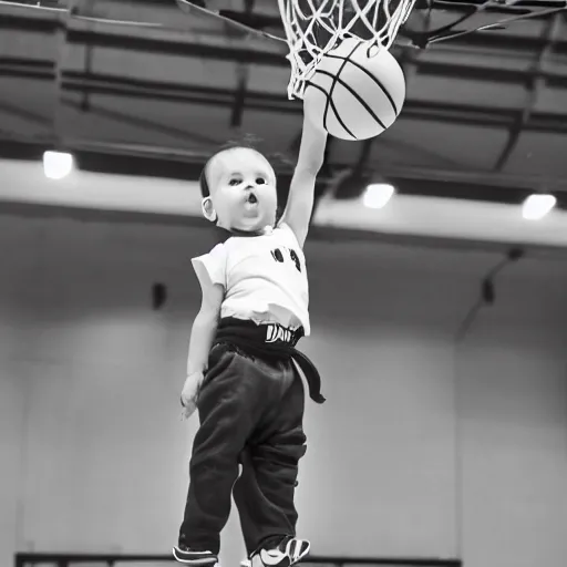 Image similar to a baby dunking a basketball, dramatic action photography