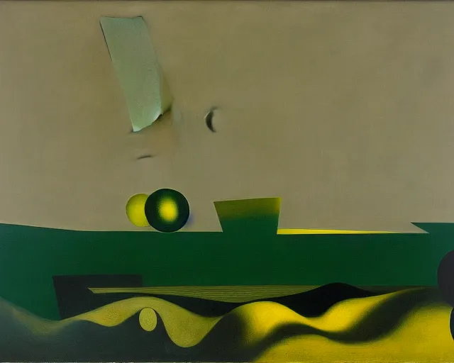 Image similar to a green, gold, and black painting by Yves Tanguy