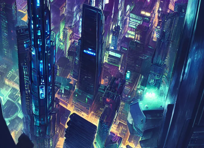 Image similar to cyberpunk scifi scene of a city at night, aerial view, salesforce tower, artstation, matt painting, very detailed, maximalism, ambient occlusion, volumetric light, atmospheric haze, unreal engine, hyper realism, realistic shading, cinematic composition, realistic render, octane render, detailed textures, photorealistic, wide shot