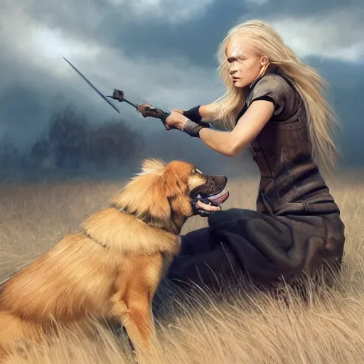 Image similar to epic action shot of beautiful scandinavian woman with symmetrical face stunning eyes and long blonde hair playing with german shephard dog, weta disney pixar, hi - fructose, decadent highly - detailed digital painting, golden ratio, octane render, artstation, cinematic composition, smooth, sharp focus, artgerm, mucha, loish, wlop hdr