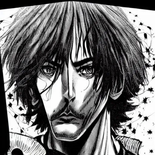 Prompt: pen and ink!!!! attractive 22 year old Gantz monochrome!!!! Frank Zappa x Daniel Radcliff highly detailed manga Vagabond!!!! telepathic floating magic swordsman!!!! glides through a beautiful!!!!!!! battlefield magic the gathering dramatic esoteric!!!!!! pen and ink!!!!! illustrated in high detail!!!!!!!! graphic novel!!!!!!!!! by Frank Miller and Hiroya Oku!!!!!!!!! MTG!!! award winning!!!! full closeup portrait!!!!! action manga panel