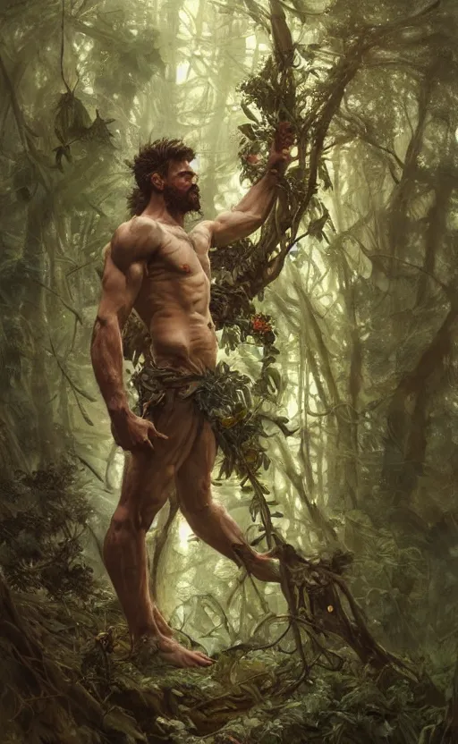 Image similar to god of the forest, 3 0 years old, rugged, handsome, male, detailed face, clean lines, atmospheric lighting, amazing, full body, thighs, flowers, muscular, intricate, highly detailed, digital painting, deviantart, concept art, sharp focus, illustration, art by greg rutkowski and alphonse mucha