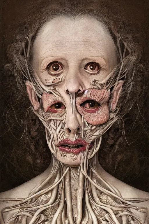 Prompt: Detailed maximalist portrait of a beautiful old woman with large lips and eyes, scared expression, botanical skeletal with extra flesh, HD mixed media, 3D collage, highly detailed and intricate, surreal illustration in the style of Jenny Saville, dark art, baroque, centred in image