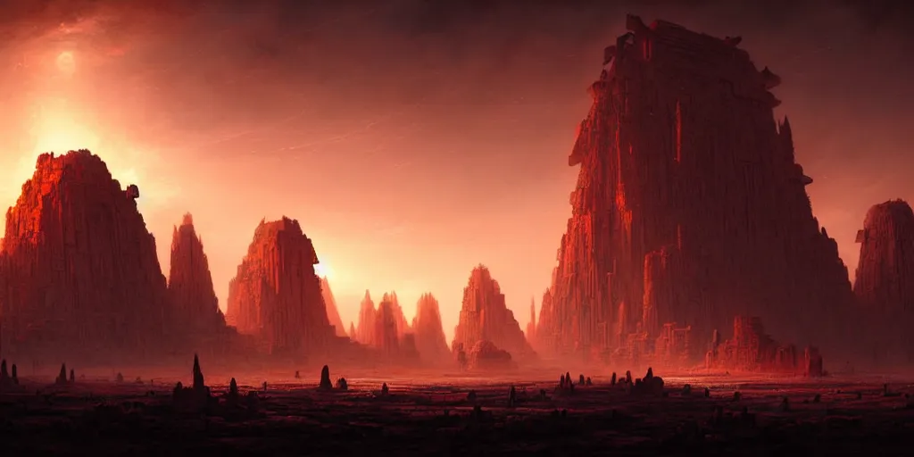 Prompt: strange surface of another planet at sunset ruins of ancient civilization, ultra high definition, ultra detailed, symmetry, god rays, sci - fi, dark fantasy, by greg rutkowski and ross tran