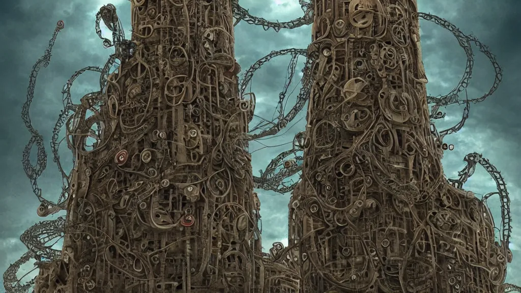 Prompt: bio-organic fleshy detailed machine tower! with tendrils!! and one eyeball!!! at the top, looking over a stormy post-apocalyptic wasteland, dystopian art, wide lens