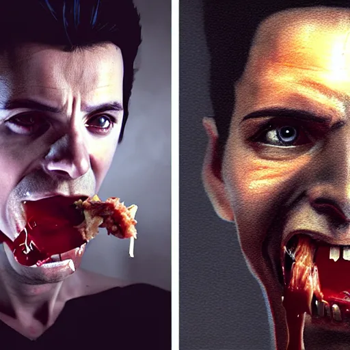 Image similar to portrait of a young and youthful dave gahan as a zombie eating some meat and under a spotlight, 7 days to die zombie, fine art, award winning, intricate, elegant, sharp focus, cinematic lighting, highly detailed, digital painting, 8 k concept art, art by guweiz and z. w. gu, masterpiece, trending on artstation, 8 k