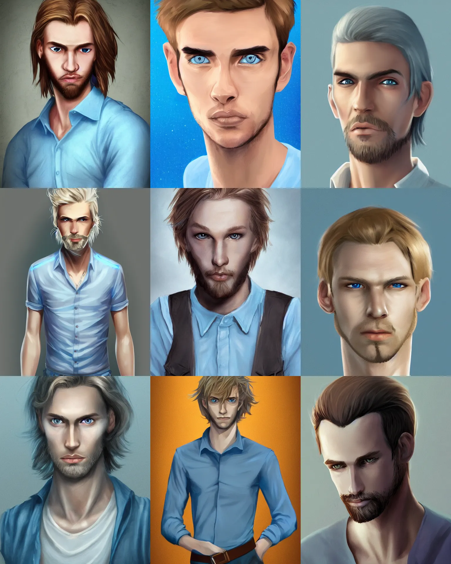 Prompt: digital portrait of a skinny white male, slightly longer blond hair and a light stubble beard, wearing a light blue shirt, blue eyes, rugged, teenage, fantasy, wizard, trending artstation, dungeons & dragons, neutral expression, dark lighting, high detail