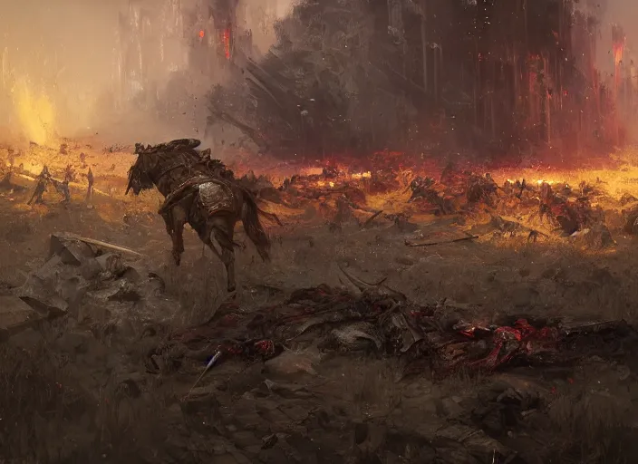 Prompt: a beautiful wide angle view of an exhausted knight in worn armor on the battlefield surrounded by carnage and carcasses, by Greg Rutkowski, triadic color scheme, impressionist oil painting, 4K, concept art, matte painting