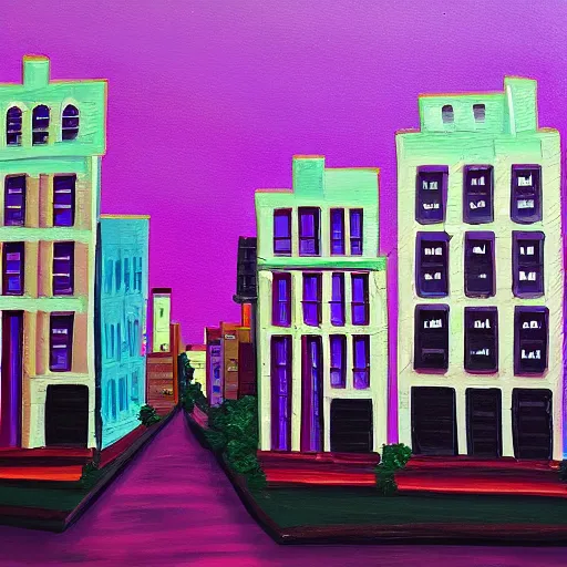 Image similar to painting of old town, horror, purple dim light, tiny houses and a big 8 floors building in the middle