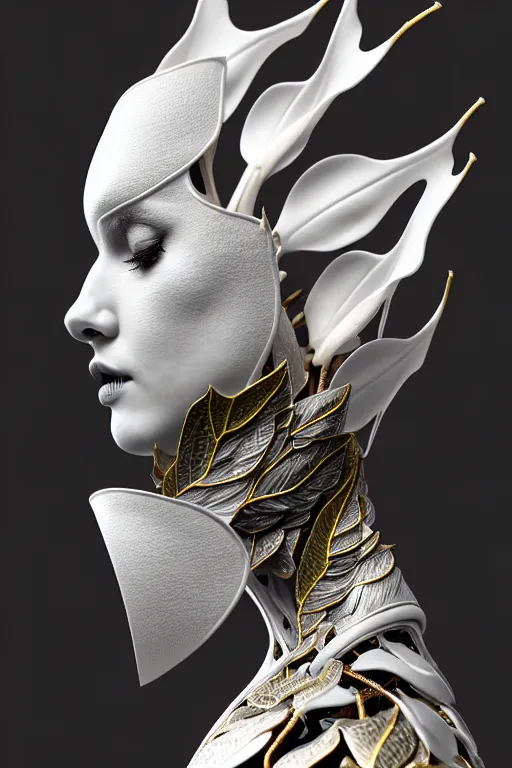 Image similar to monochrome close - up profile face, black background, beautiful young porcelain bio - mechanical vegetal - dragon - cyborg - female, white metallic armour, silver gold details, magnolia leaves and stems, roots, mandelbot fractal, 1 5 0 mm, beautiful natural soft rim light, elegant, hyper real, ultra detailed, octane render, 1 6 k