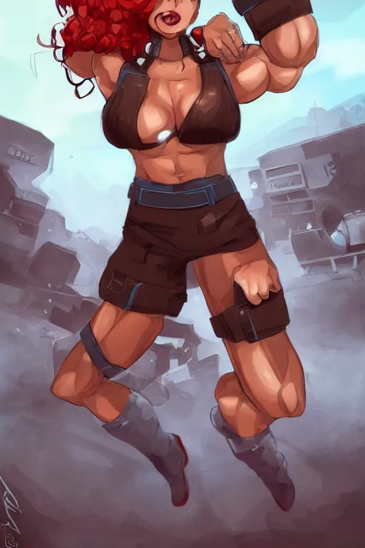 Prompt: a hyper muscular woman, bronze skinned, blue eyes, wearing a black cropped tank top, military pants, brown boots, wavy big red hair, 8 0's hairstyle, red lips, action pose, art by slugbox, cutesexyrobutts, dandonfuga, trending on deviantart, illustration, action scene, full body