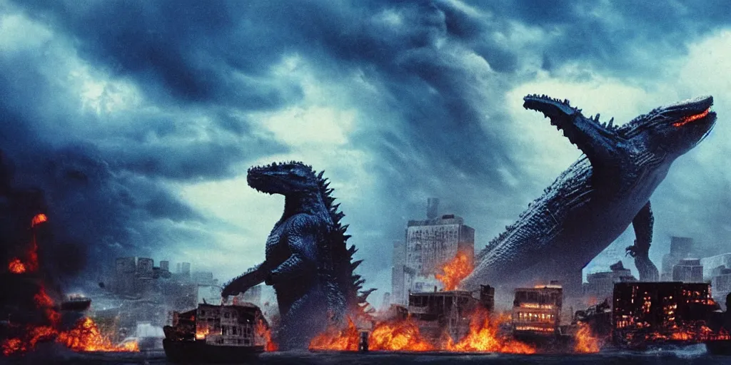 Image similar to photo of godzilla blue whale octopus monster destroying a city in a block buster hollywood movie