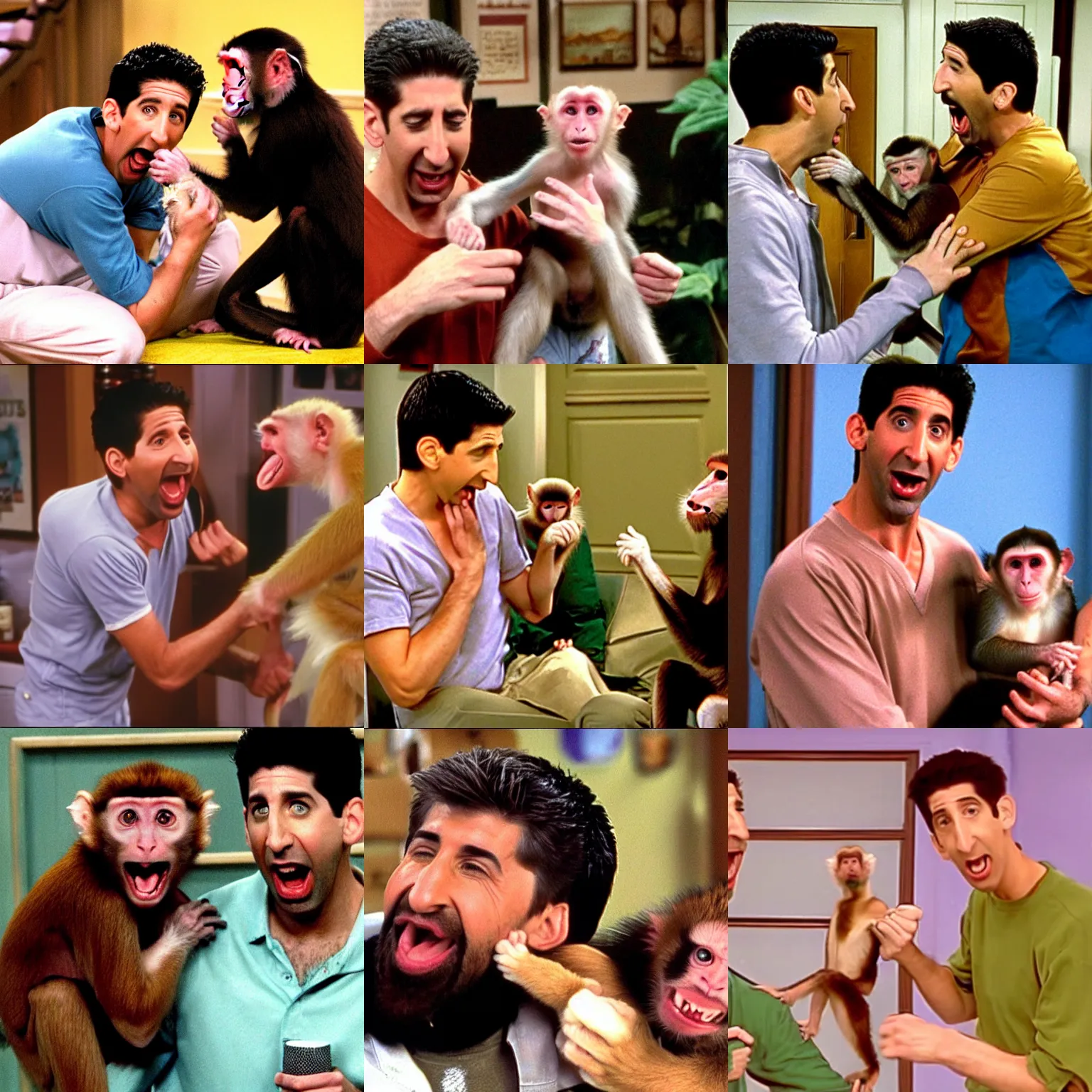 Prompt: ross geller in his apartment being bitten on the arm by a capuchin monkey, ross geller screaming, friends 9 0 s sitcom screenshot,