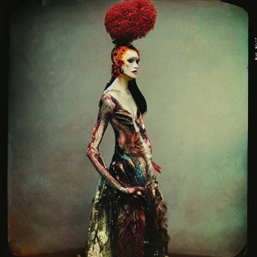 Image similar to damaged kodak portra 4 0 0, wetplate, photo of a surreal artsy dream scene,, very beautiful model, weird fashion, grotesque, extravagant dress, strange pose, carneval, with an animal, wtf, photographed by paolo roversi style