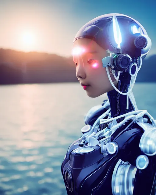 Image similar to beautiful centered photo portrait of korean girl as a solarpunk robotic cyborg with white mechanical parts and implanted bright halogen lamps, treading on calm water, ultra - realistic and detailed, sun lit, white background, bokeh, soft focus, slow exposure hdr 8 k