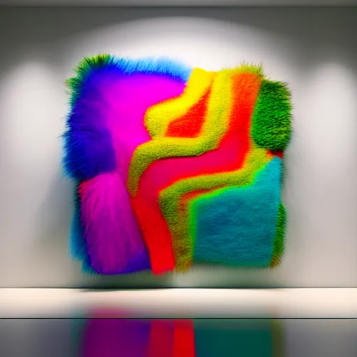 Image similar to : colorful abstract fuzzy sculpture on the wall in modern architecture, cinematic lighting, hyper - realistic, detailed, render by c 4 d octane, unreal engine, 8 k 3 d render