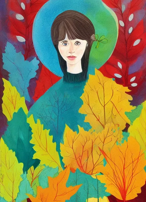 Image similar to a wonderful childrens illustration book portrait painting of a woman, art by tracie grimwood, colorful, trees, leaves, birds, whimsical, aesthetically pleasing and harmonious natural colors