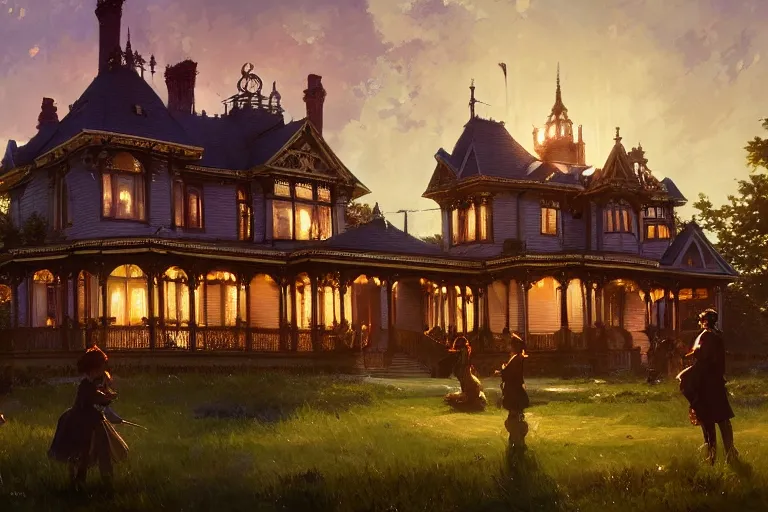 Image similar to an ornate victorian house, party in front, scene in an open field. 1 8 9 0, key visual, conceptart, ambient lighting, highly detailed, digital painting, artstation, concept art, sharp focus, by makoto shinkai and akihiko yoshida and greg manchess