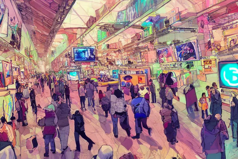 Prompt: people visiting crypto art market in the future, rennaisance, people, gallery, cable, akira, bright colors, concept art