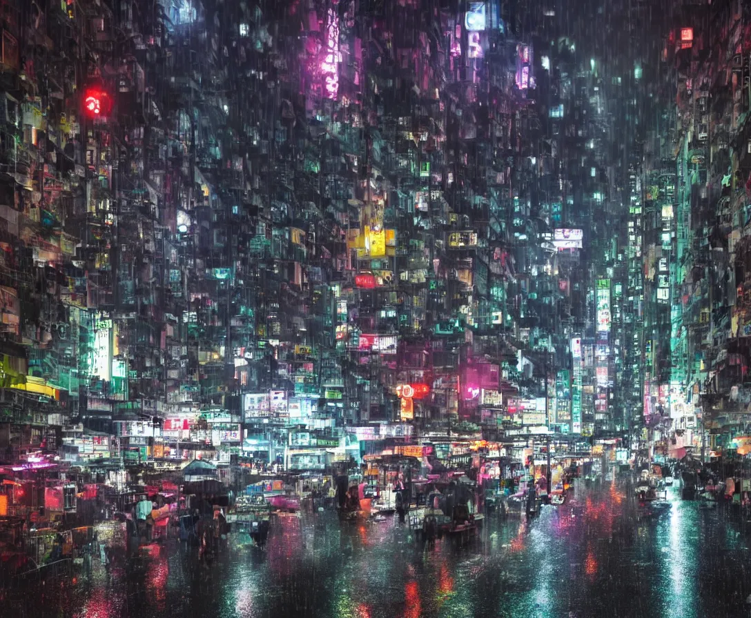 Image similar to hong kong in 2042, night time, rain, surreal atmosphere