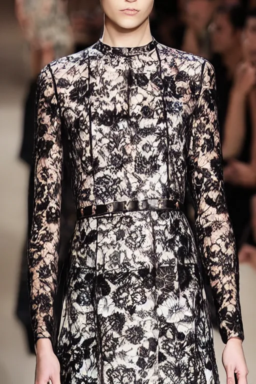 Image similar to valentino 2 0 1 3 floral, lace, geometric patterned, cybernetic fashion, dress, skirt & blouse