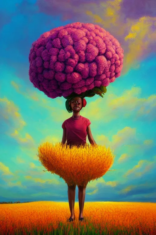 Prompt: closeup, huge flower as head, african woman in heather field, surreal photography, golden hour, colorful clouds, impressionist painting, digital painting, artstation, simon stalenhag