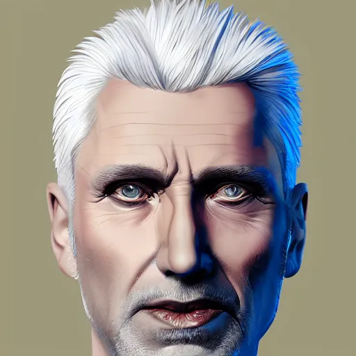 Prompt: portrait of a man, with 40 years, white hair, digital painting, concept art cyberpunk