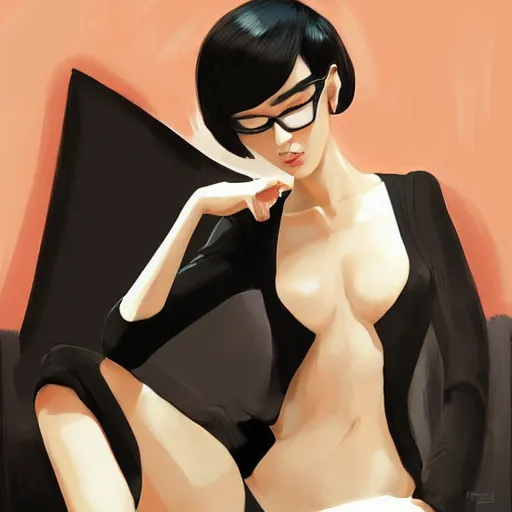 Image similar to slim cruel business girl in tuxedo with black bob hair, elegant, 2d, ultra highly detailed, digital painting, smooth, sharp focus, artstation, art by Ilya Kuvshinov