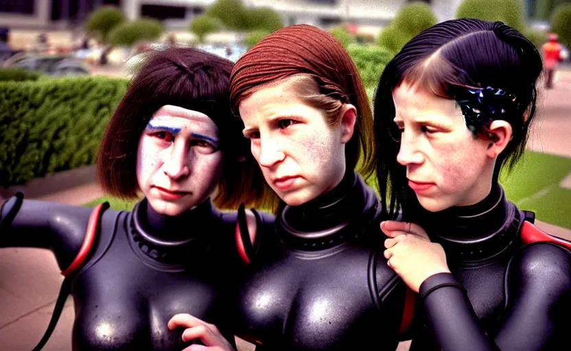 Image similar to cinestill 5 0 d photographic portrait by helen levitt of affection between two loving female cyborgs wearing black techwear in a retrofuturist garden, extreme closeup, modern cyberpunk, dust storm, 8 k, hd, high resolution, 3 5 mm, f / 3 2, ultra realistic faces, intricate detail, ex machina