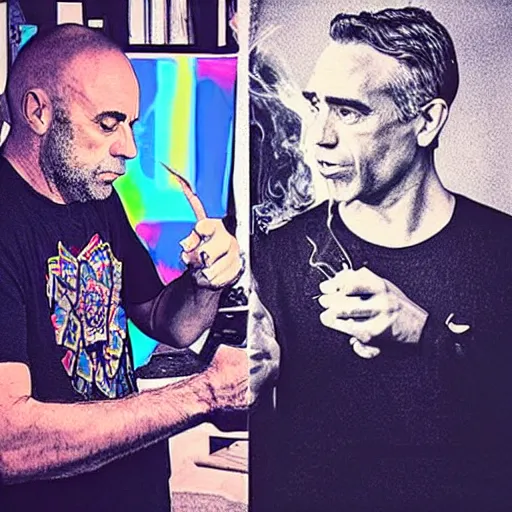 Prompt: “ joe rogan smoking dmt with jordan peterson, vivid, psychedelic, photorealistic ”