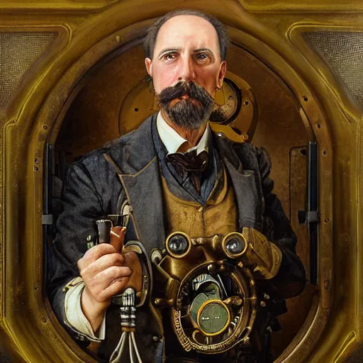 Prompt: portrait of a steampunk engineer, by howard david johnson