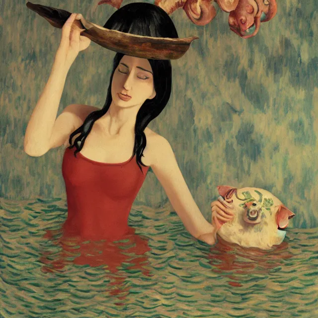 Prompt: tall female emo artist holding a pig's head in her flooded apartment, mushrooms, octopus, water gushing from ceiling, painting of flood waters inside an artist's apartment, a river flooding indoors, pomegranates, ikebana, zen, rapids, waterfall, black swans, canoe, berries, acrylic on canvas, surrealist, by magritte and monet