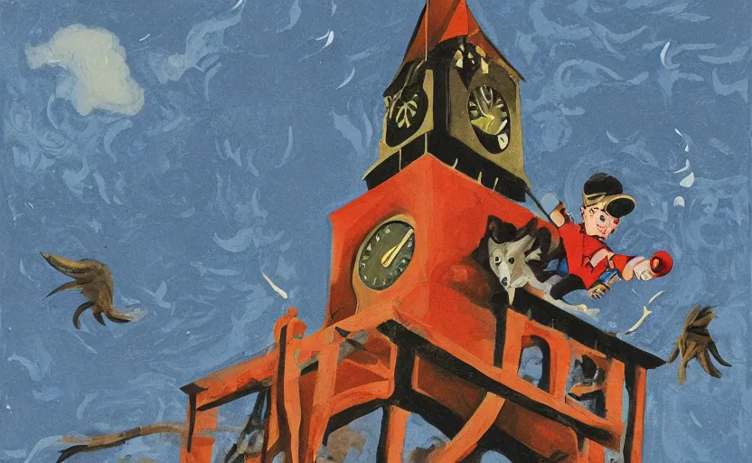 Prompt: a boy fighting a wolf on the edge of a clocktower, gouache, print