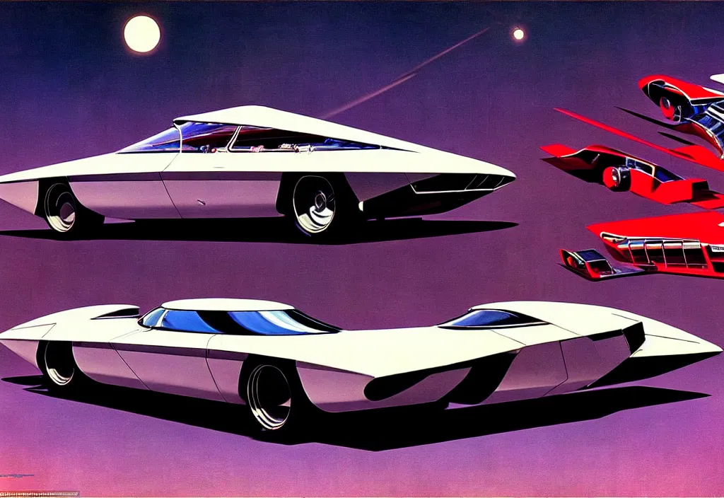 Image similar to an extremely complex and advanced car from the 1960s, extreme plus resolution fantasy concept art, intricate details to everything visible, sharp lighting, Dramatic light by Denis Villeneuve, strong emphasis on Syd Mead and Robert McCall