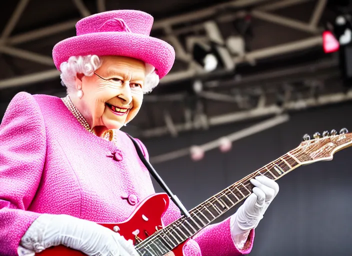 Image similar to photo still of queen elizabeth on stage at vans warped tour!!!!!!!! at age 7 0 years old 7 0 years of age!!!!!!! shredding a guitar on stage, 8 k, 8 5 mm f 1. 8, studio lighting, rim light, right side key light